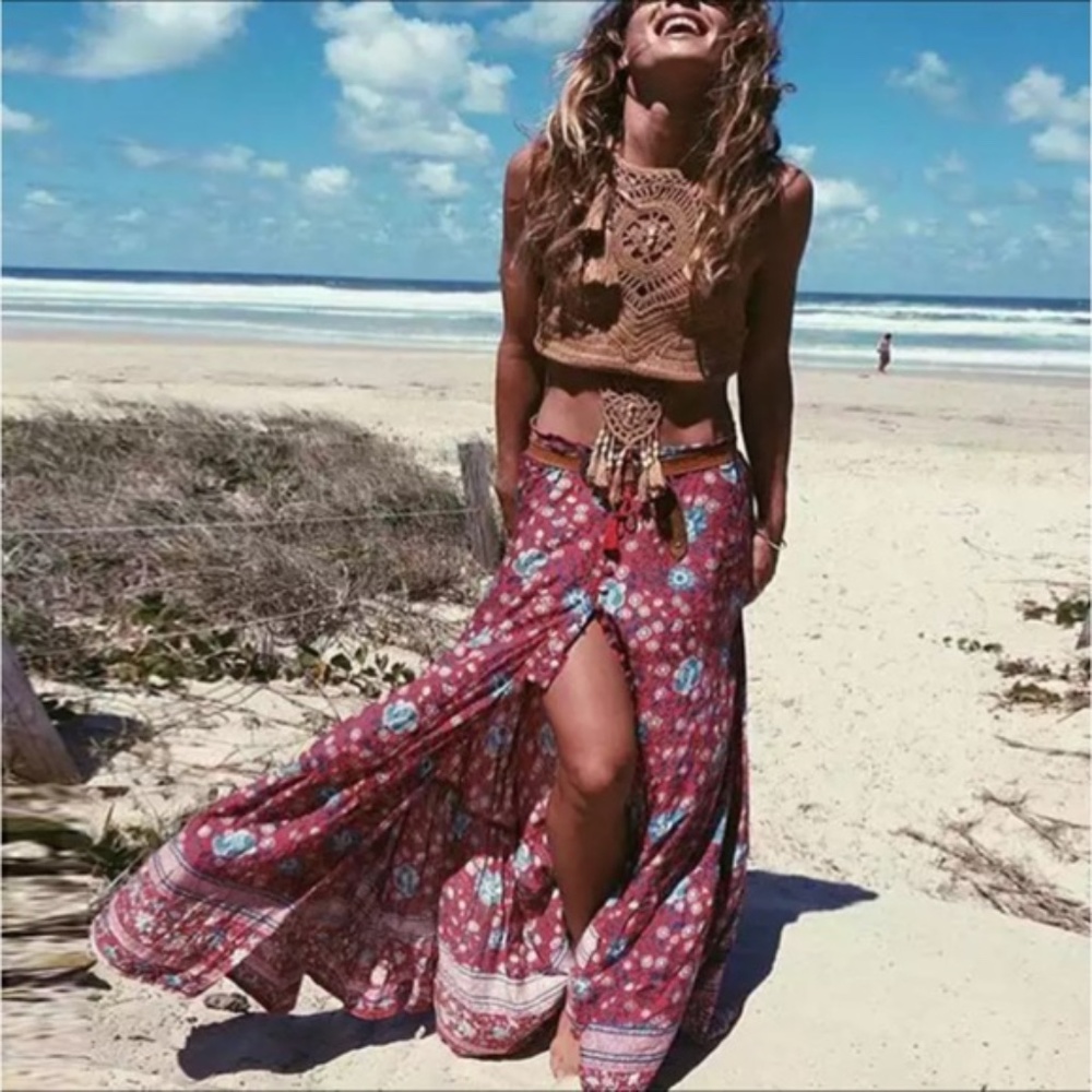 SOLD OUT Red Floral Gypsy Boho Button Up Maxi Skirt - Picture 2 of 14